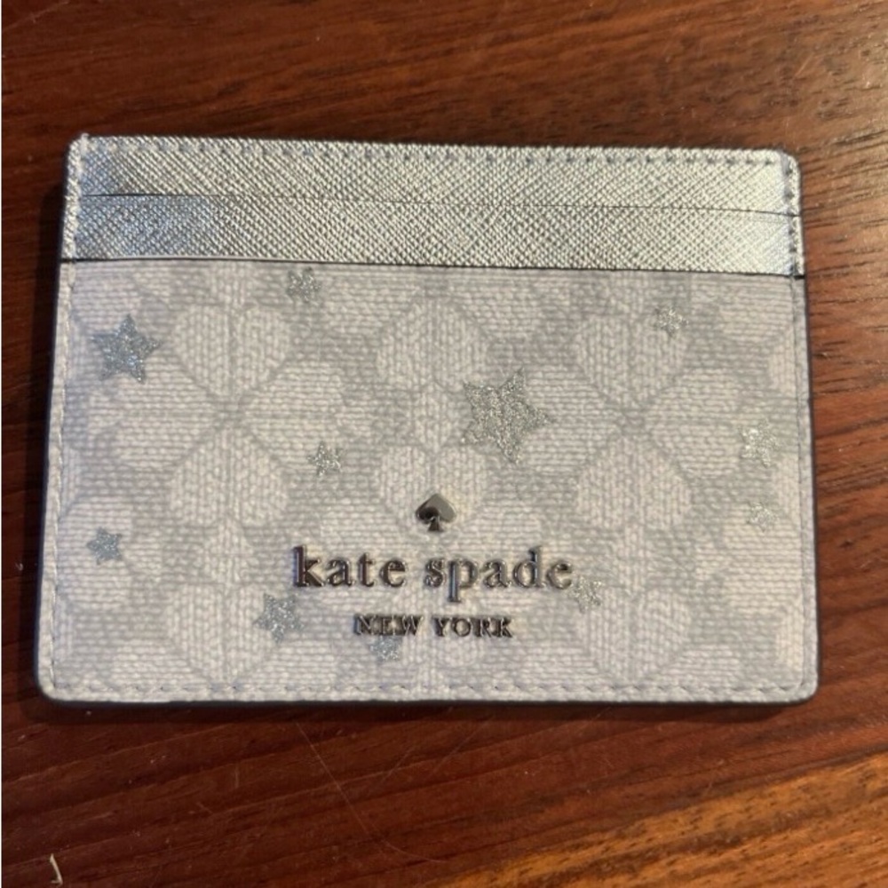 NWT Kate Spade Spade Flower Star Toss Small Slim Card Holder Platinum Grey MultI